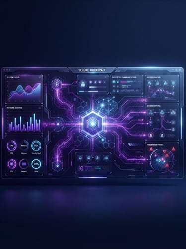 Sleek digital UI illustration of a secure workspace dashboard with purple data flows, cool ambient studio light, dark navy background, crisp high-fidelity render