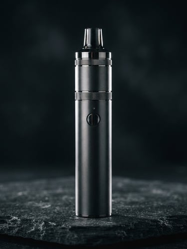 Sleek metallic vape device on a dark textured pedestal, sharp rim lighting, deep shadows, premium consumer electronics style