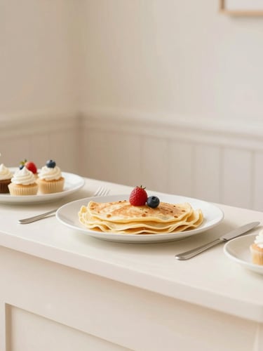 Bright editorial photography of a minimalist, beautifully styled gourmet crepe station at a high-end kids party, soft natural light, warm cream tones.