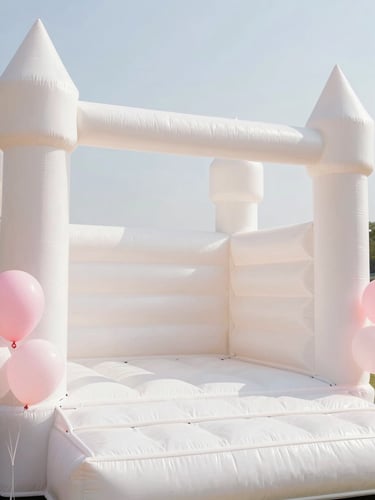 Bright editorial photography, a pristine white bounce castle styled with pastel pink balloons under soft natural daylight, minimalist aesthetic, medium format