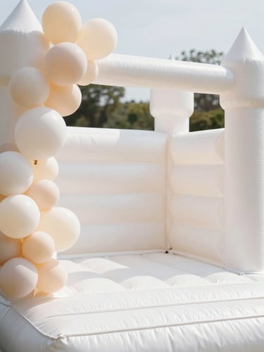 Bright editorial photography of a pristine white bounce castle decorated with soft pastel cream balloons, soft natural daylight, minimalist elegant setup, shallow depth of field.