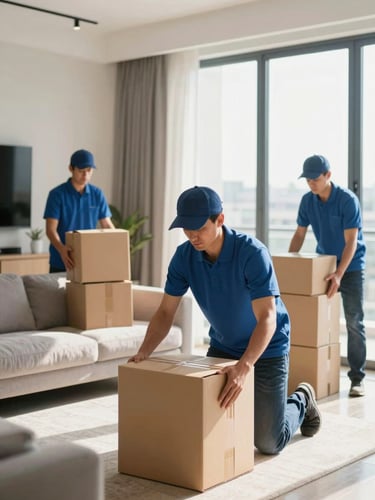 Movers in clean uniforms carefully packing a modern living room, bright UAE sun through window, sharp focus