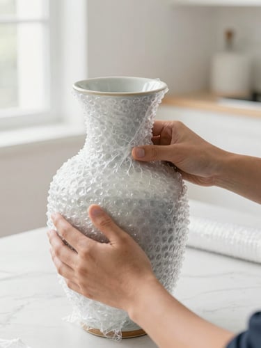 A close-up shot of professional hands carefully wrapping a fragile ceramic vase with thick bubble wrap and secure tape inside a bright, clean villa.