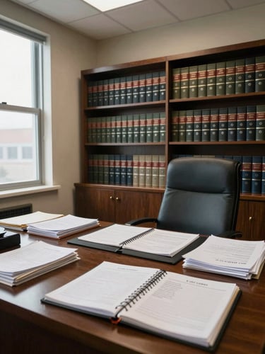 Wide interior shot of a quiet law office, bookshelves of bound California codes lining the back wall, a large wooden desk covered with organized case files and a legal pad, north-facing window light casting soft even illumination across the room