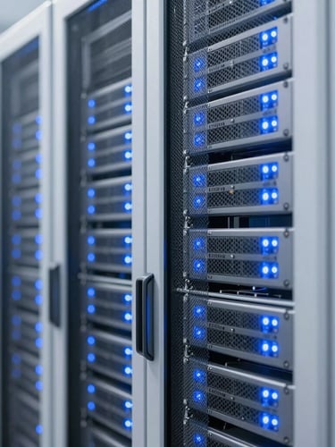 Macro photography of clean server racks in a Jakarta data center with glowing blue LED indicators, bright high-tech studio lighting, sharp focus