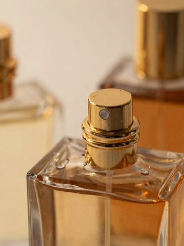 Macro close-up of heavy glass perfume bottles with gold caps, warm golden-hour side-light, rich white gold and brown tones, macro depth of field.