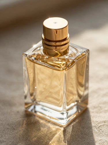 Macro close-up of a heavy glass perfume bottle with a golden cap, warm dramatic side-lighting with sharp shadows, resting on a textured linen surface, luxury product photography