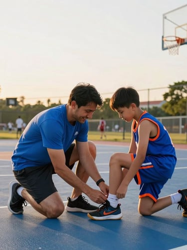 A friendly volunteer coach kneeling to tie a young player's shoe on an outdoor basketball court, warm golden hour light, authentic.