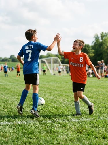 A dynamic low-angle shot of local youth soccer players high-fiving on a vibrant green field in Ohio, bright natural daylight, action framing, 35mm style.