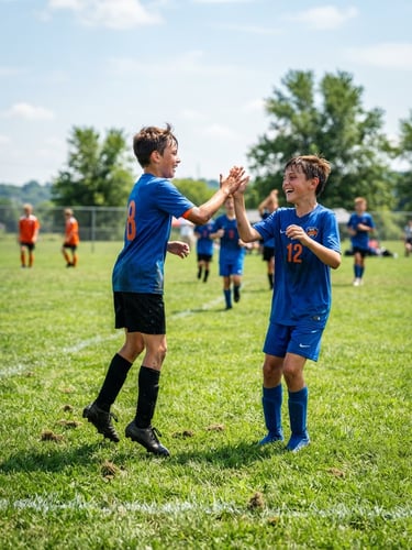 Low-angle action shot of youth soccer players high-fiving on a vibrant green grass field in Ohio, bright natural daylight, royal blue jerseys.