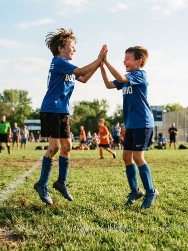 Dynamic low-angle shot of local Ohio youth soccer players high-fiving on a vibrant green grass field, bright afternoon sun, action-packed 35mm photography