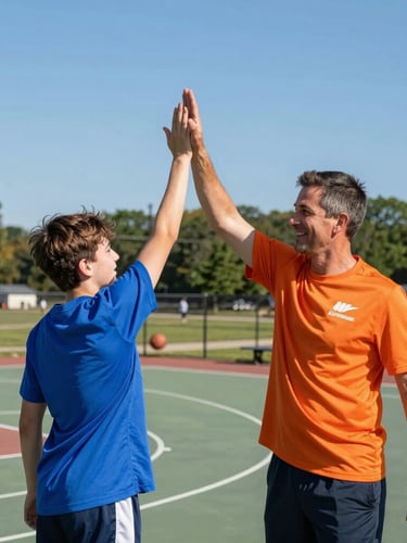 Candid shot of a volunteer coach in an orange athletic shirt high-fiving a young basketball player on an outdoor court, sunny Ohio afternoon.