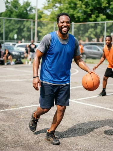 Dynamic portrait of an active adult player smiling on a local Ohio basketball court, wearing a simple blue scrimmage vest, bright natural daylight.