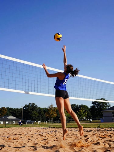 Action portrait of a local recreational volleyball player spiking a ball over the net on an outdoor sand court in Ohio, dynamic low-angle, bright daylight, high-contrast royal blue and orange tones, 35mm.