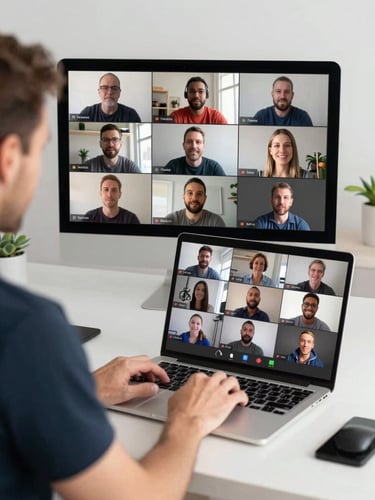 Wide shot of a professional trainer speaking directly into a laptop camera, multiple participant video tiles visible on the screen showing engaged remote attendees, hands resting on keyboard, even studio lighting, clean desk environment, genuine focus on the call