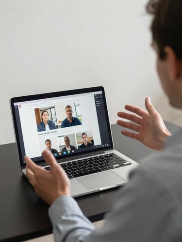 Medium shot of a man in a collared shirt presenting slides on his laptop screen to an attentive remote audience, hands open mid-gesture, even studio lighting, screen content visible showing a pitch deck slide, foreground sharp, background plain