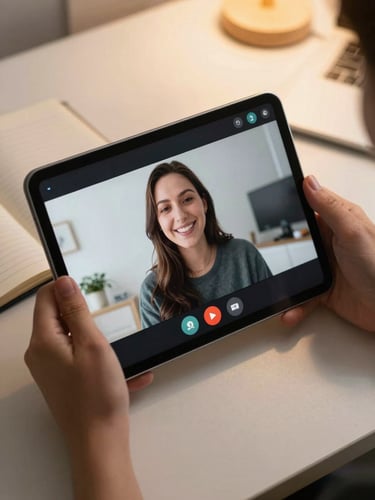 Close-up overhead shot of two hands holding a tablet showing a video call interface with a smiling remote participant on screen, warm professional lighting from above, desk surface visible with a notebook nearby, clean and focused composition