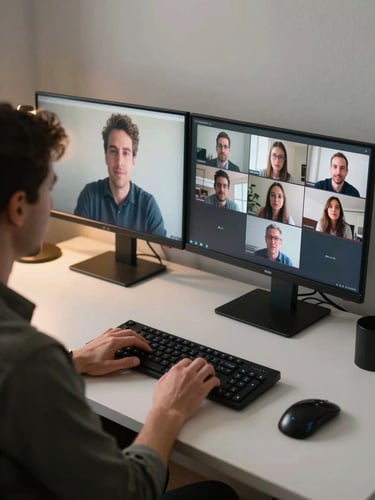 Medium shot from slightly above, a focused professional moderator seated at a clean desk, eyes fixed on dual monitors showing a live Zoom call with visible participant faces, one hand resting on keyboard ready to act, even studio lighting from the left side, no harsh shadows, saturated but natural tones, tight environmental framing showing the desk edge and a single lamp