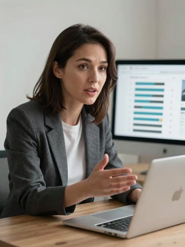 Medium shot, editorial style — a professional woman in her 30s mid-sentence on a video call, leaning slightly forward toward a laptop screen, eyes locked on camera, one hand gesturing toward the screen. North-facing studio light, even and saturated. Clean desk background, a secondary monitor visible showing a Zoom poll interface with live response bars. No harsh shadows, no blurred background.
