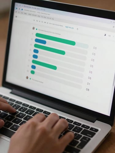 Close-up overhead shot of a laptop screen displaying an active Zoom poll interface with visible response bars and participant count, hands resting near the keyboard, even studio lighting, saturated but not artificial, tight frame on the screen content
