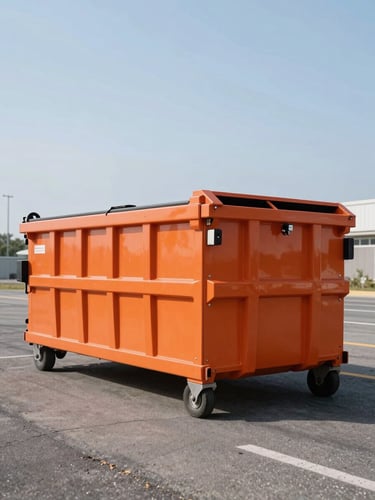 A pristine, freshly painted safety orange roll-off dumpster placed on clean asphalt, low angle, bright daylight, crisp shadows