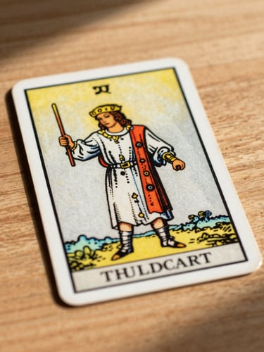 Macro detail of a single classic tarot card resting on a plain wooden table, sharp afternoon shadows, scholarly aesthetic