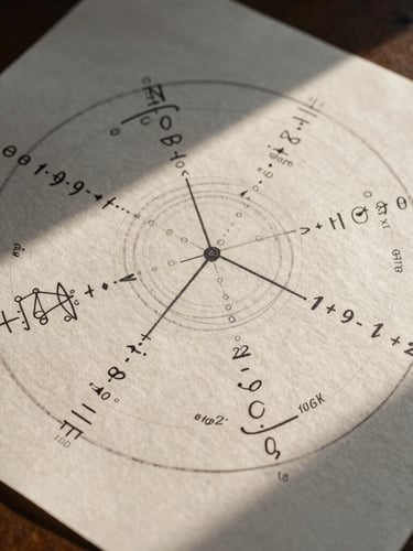 Overhead flat-lay of a hand-drawn mathematical natal chart on heavy cotton paper, sharp architectural shadows, natural late afternoon side-light.
