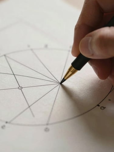 Close-up macro detail of a hand tracing a geometric line on a heavy paper natal chart, natural side-lighting, deep shadows.