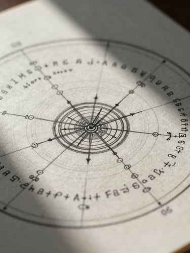 Macro shot of a heavyweight cotton paper natal chart with hand-drawn geometric lines and ink annotations, soft side-lighting with deep shadows