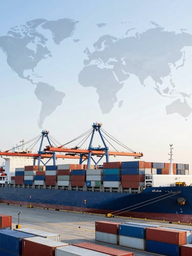 Wide panoramic shot of a modern, busy shipping port at sunrise, cargo ships docked, containers stacked neatly, with a subtle overlay of a world map highlighting Brazil, China, Ukraine, Turkey, Argentina, and Poland. Clean, crisp daylight.