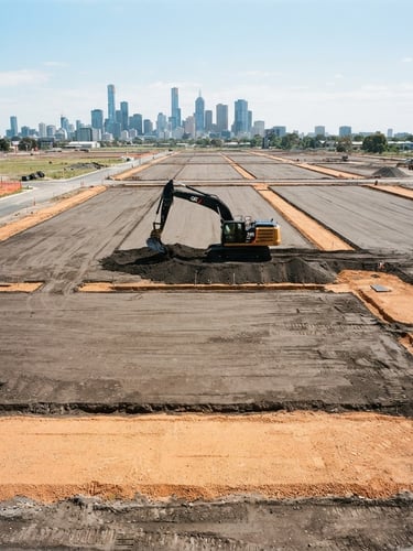 Wide shot of a perfectly leveled construction site with a modern excavator in the background, sharp lines, bright natural daylight, high-contrast black and orange tones, editorial 35mm