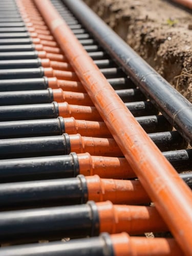 Close-up of neatly laid pipes in a trench, connected and ready for backfill, clean site, bright natural daylight, high-contrast black and orange tones