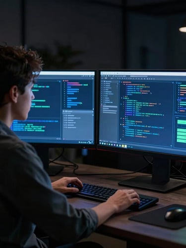 Over-the-shoulder shot of a developer and a designer collaborating in a dark-mode studio, screens glowing with electric blue code and neon mint UI mockups, dramatic low-key studio lighting, 35mm