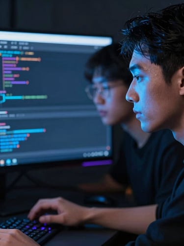 Close-up of a software developer and designer working together in a dark studio, neon electric blue reflections on their faces, code editor visible on a large screen in the background, 35mm photography, sharp focus
