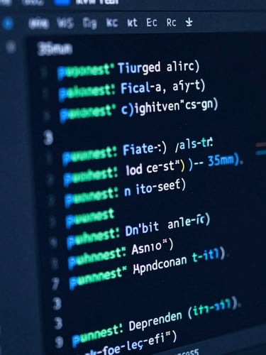 Macro shot of a dark mode code editor with neon electric blue and mint green syntax highlighting, overlaid with abstract glowing digital marketing analytics charts, 35mm lens, sharp focus