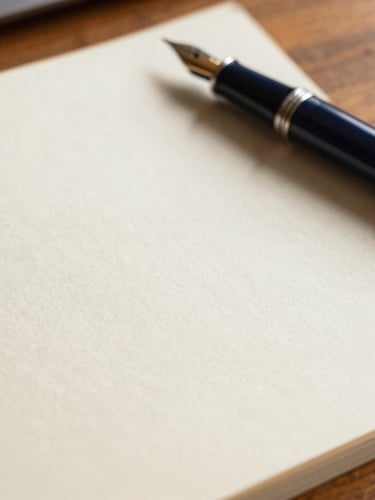 Close-up detail of fine textured cotton paper documents, a classic fountain pen, and a warm wooden table in a sunlit office, shallow depth of field, premium editorial style