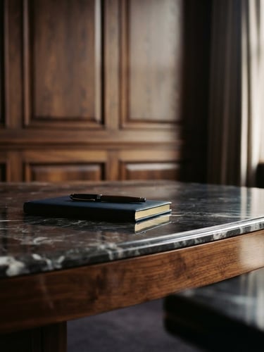 Close-up of elegant dark wood panelling in a silent boardroom, soft natural window light reflecting off a polished marble table, deep navy tones, high-end editorial photography.