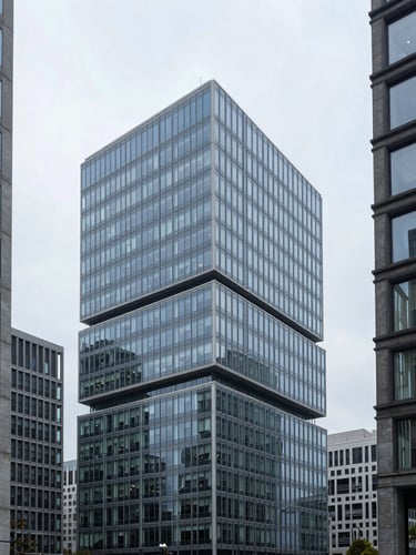 Cool architectural photography of Waterloo business district, clean modern glass facades, bright overcast daylight, sharp focus, 35mm