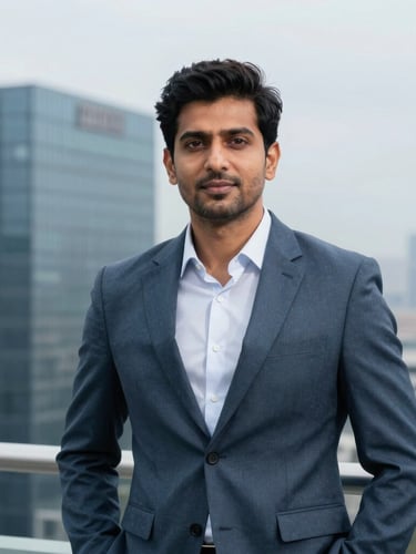Professional portrait of Jenish Mangukiya in a modern Waterloo office, cool overcast daylight, sharp focus, 35mm, slate blue tones.