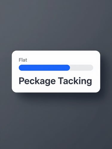 Flat, high-contrast digital rendering of a clean UI mockup showing a package tracking progress bar, electric blue highlights on a slate-gray background, generous negative space.