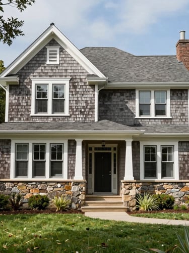 Bright natural daylight shot of a classic Oakland craftsman home exterior, showing detailed wood shingle siding and stone foundation work, clean composition with green foliage.