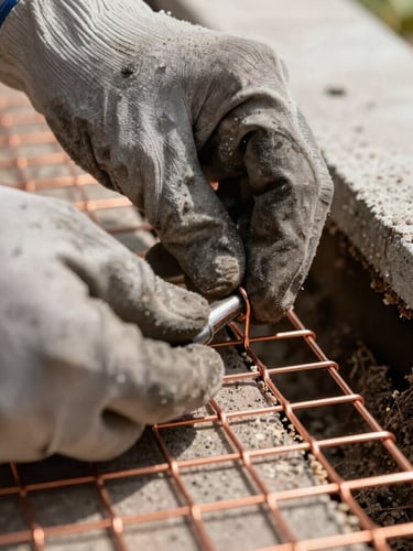 Macro close-up of a technician's hands in heavy work gloves securing a copper mesh barrier into a foundation gap of an Oakland home, high-contrast daylight.