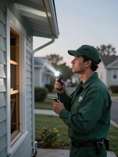 A professional GuardNest technician in a clean dark green uniform inspecting a home exterior foundation with a high-contrast flashlight beam in an Oakland neighborhood at dusk.