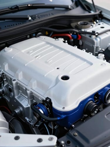 Sharp commercial automotive photography of a clean modern engine bay, cold crisp daylight, high-contrast white and deep blue tones, ultra-detailed macro lens