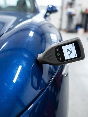 Macro technical shot of a digital paint-depth gauge measuring an immaculate Porsche chassis, cold crisp daylight, high-contrast white and deep blue tones, ultra-detailed macro lens