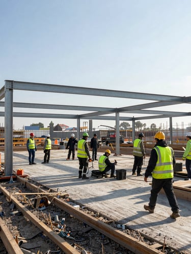 Wide environmental shot of an active commercial construction site in morning light, workers wearing high-vis PPE, structural steel framing visible