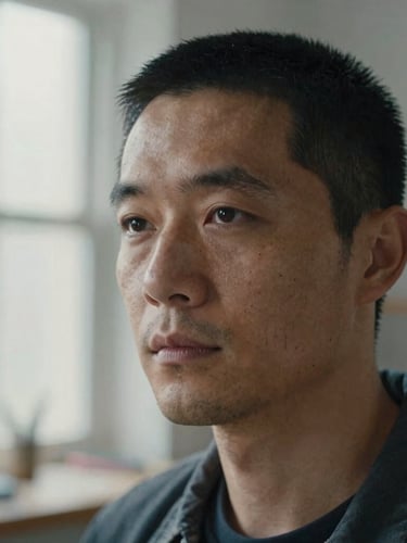 A close-up portrait of an artist in their studio, soft window light, desaturated tones, medium format grain