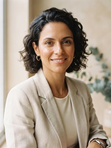 Close-up portrait of Micheli Vieira Queiroz, mid-30s, warm and professional, with soft diffused natural daylight, pale sand and eucalyptus tones, 35mm. She is looking confidently towards the viewer, with a serene studio background.