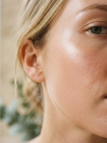 Close-up of healthy, glowing skin on a cheek, soft diffused natural daylight, pale sand and eucalyptus tones, 35mm