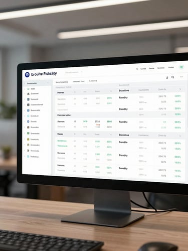 High-fidelity, crisp UI mockup of an executive financial dashboard on a dark slate monitor screen, soft top-down office lighting, clean data tables visible, wide cinematic composition.